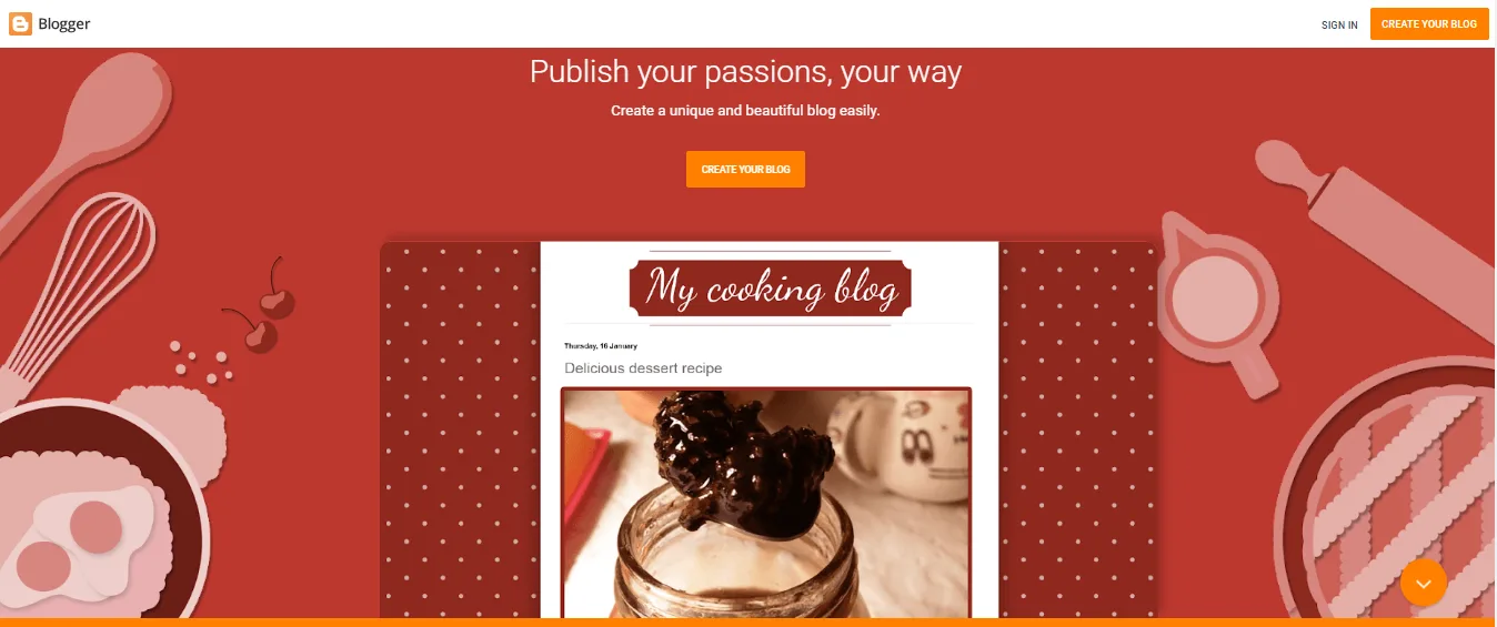 Blogger homepage headed Publish your passions, your way, showing a sample cooking blog