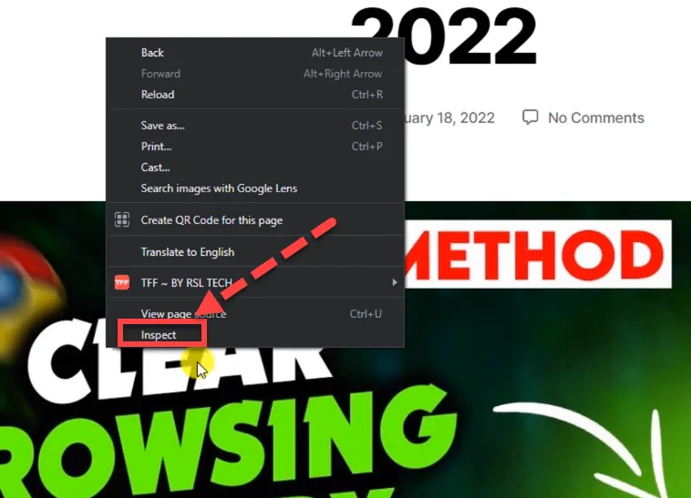 Browser right click menu on a blog post with a red arrow pointing to the Inspect entry