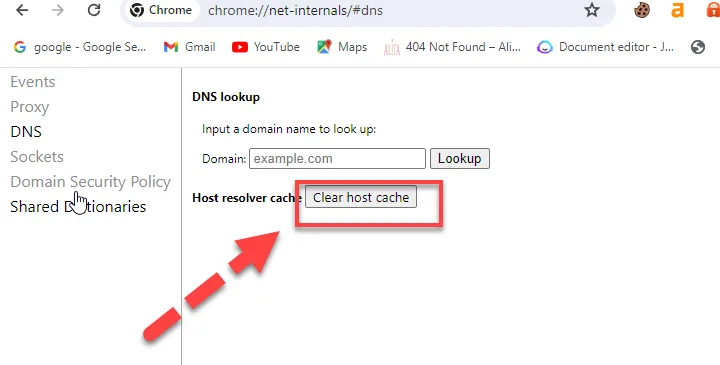 Chrome net-internals DNS page with a red arrow pointing to the Clear host cache button