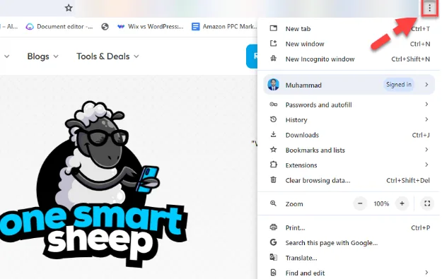 Chrome browser with a red arrow pointing to the three dot menu button and the menu open below it