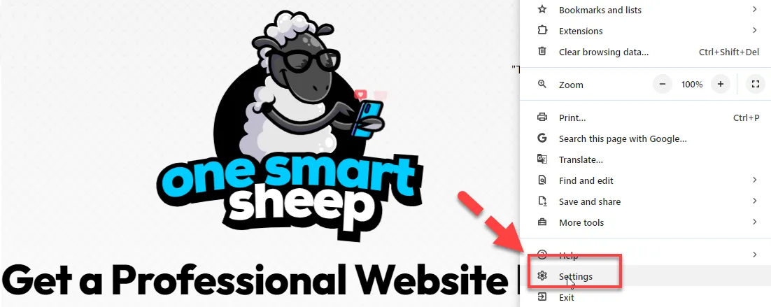 Chrome menu with a red arrow pointing to the Settings entry near the bottom of the list