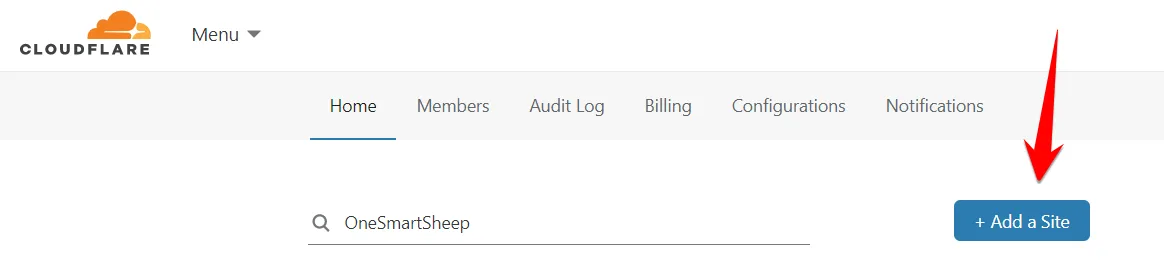 Cloudflare dashboard with a red arrow pointing to the Add a Site button beside a site search field