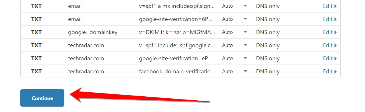 Cloudflare imported DNS records list of TXT entries with a red arrow pointing to the Continue button
