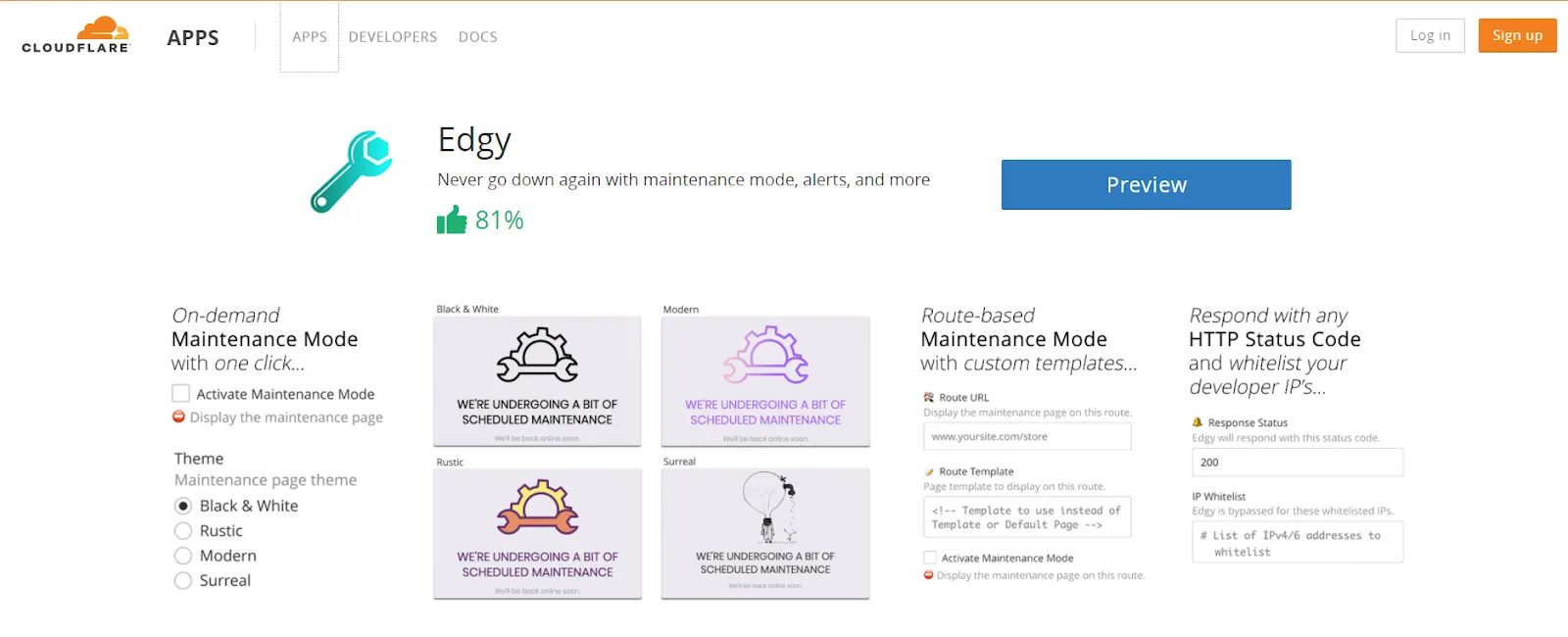 Cloudflare Edgy app page offering on demand maintenance mode with four page themes and route based template options