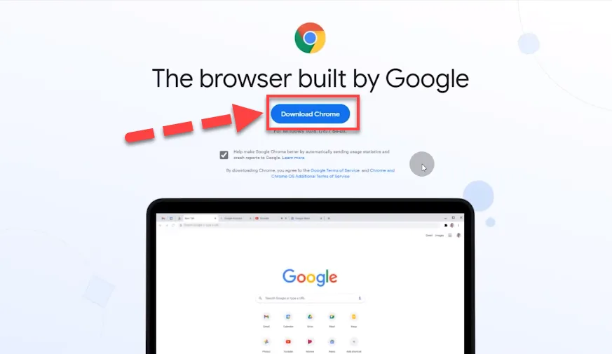 Google Chrome download page headed The browser built by Google, with a red arrow pointing to the Download Chrome button