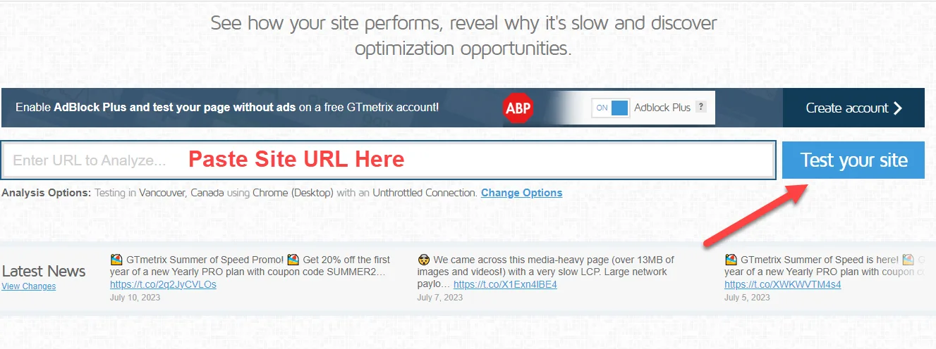 GTmetrix homepage with a note to paste your site URL in the analyse field and a red arrow pointing to the Test your site button