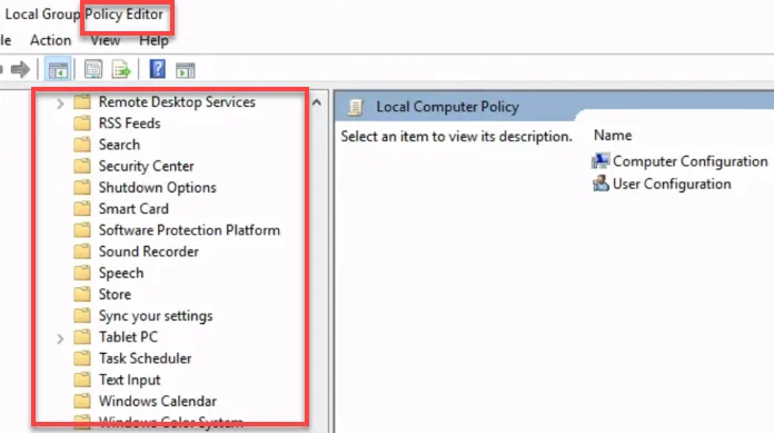 Local Group Policy Editor with the administrative templates folder tree outlined in red