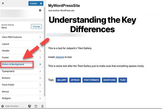 Neve theme Customizer sidebar with a red arrow pointing to Colors and Background, outlined in red