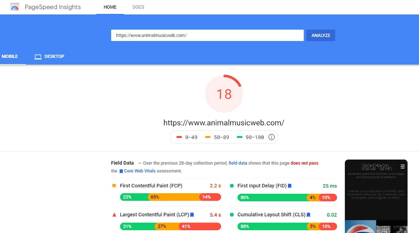 PageSpeed Insights scoring a Wix site 18 on mobile, failing Core Web Vitals with a 5.4 second Largest Contentful Paint