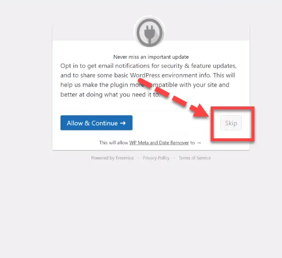 Plugin opt in prompt asking to share environment info, with a red arrow pointing to the Skip button beside Allow and Continue