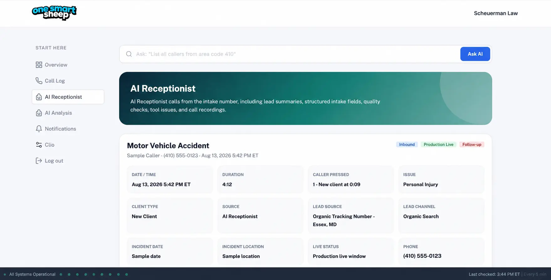 Scheuerman Law AI Receptionist dashboard showing a structured, privacy-safe personal injury intake