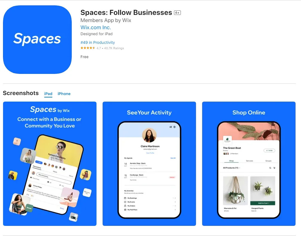 App Store listing for Spaces: Follow Businesses by Wix, rated 4.7 from 40.7 thousand ratings, with three preview screenshots