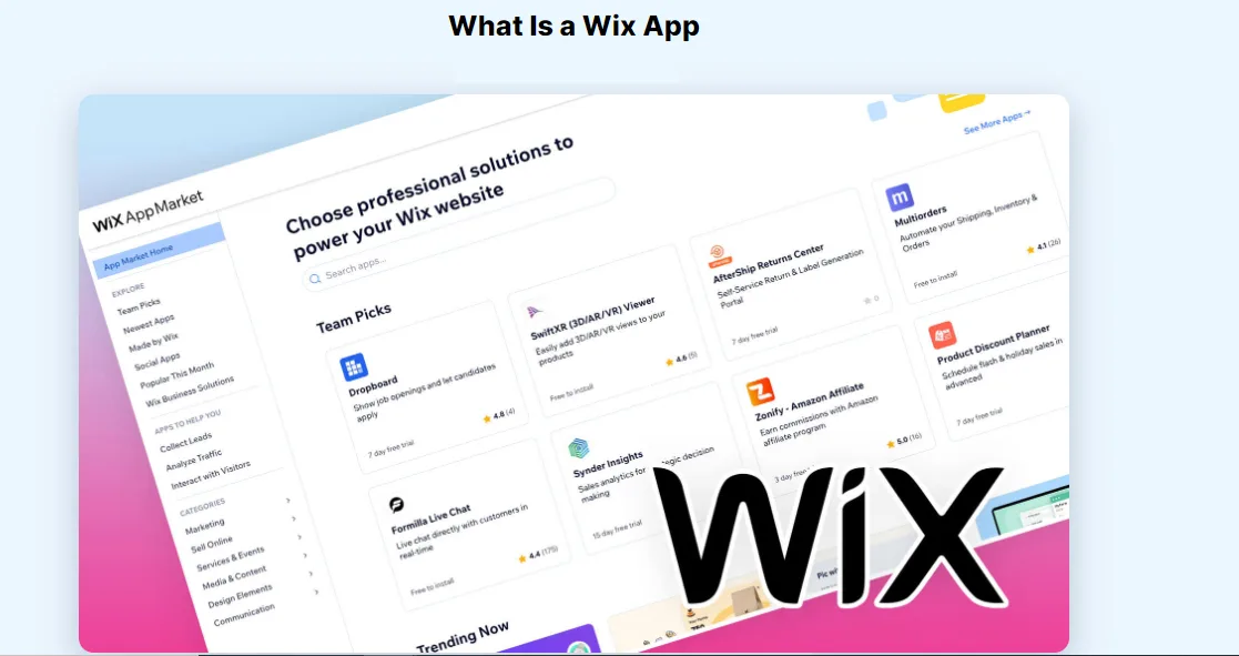 Angled screenshot of the Wix App Market titled What Is a Wix App, with the Wix logo overlaid