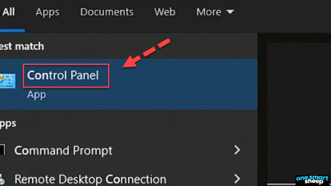 Windows search results with a red arrow pointing to the Control Panel app, outlined in red
