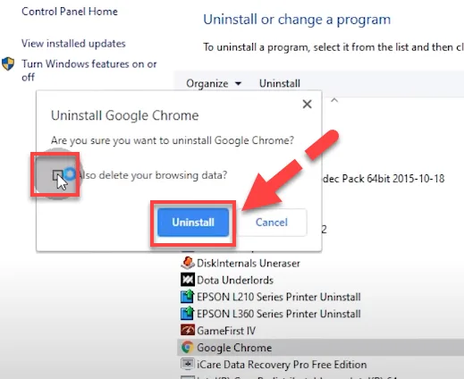 Uninstall Google Chrome confirmation dialog with the delete browsing data checkbox and the Uninstall button outlined in red