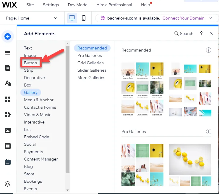 Wix Add Elements panel with a red arrow pointing to the Button entry in the category list