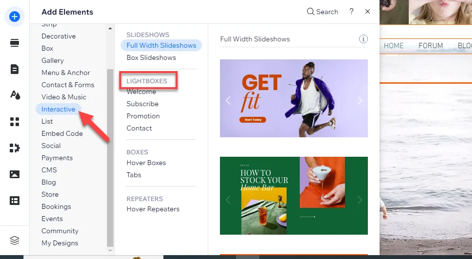 Add Elements panel in the Wix editor with Interactive selected and the Lightboxes group outlined in red