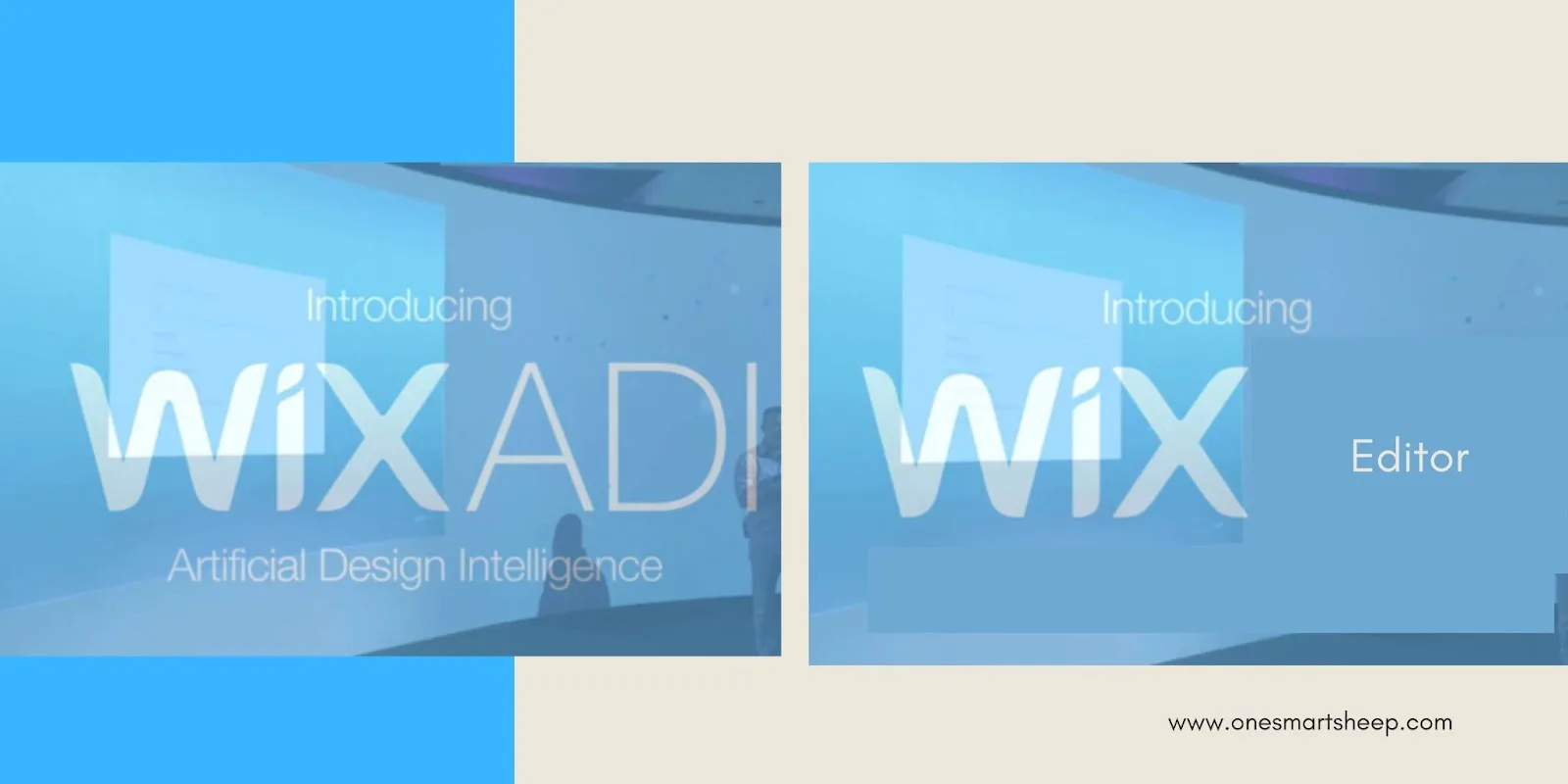 Side by side title cards introducing Wix ADI Artificial Design Intelligence and the Wix Editor