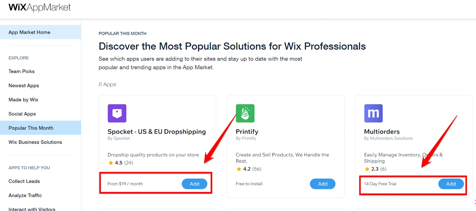 Wix App Market popular apps with red arrows pointing to paid pricing on Spocket from 19 dollars a month and a 14 day trial on Multiorders