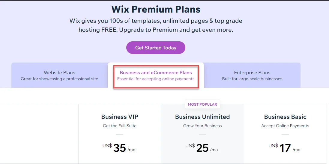 Wix Premium Plans page with the Business and eCommerce tab outlined in red, showing Business VIP, Unlimited and Basic pricing