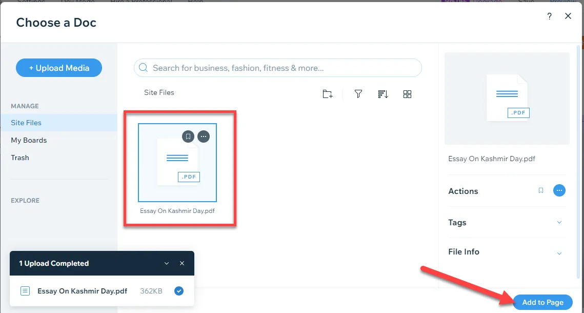 Wix Choose a Doc dialog with an uploaded PDF selected and a red arrow pointing to the Add to Page button
