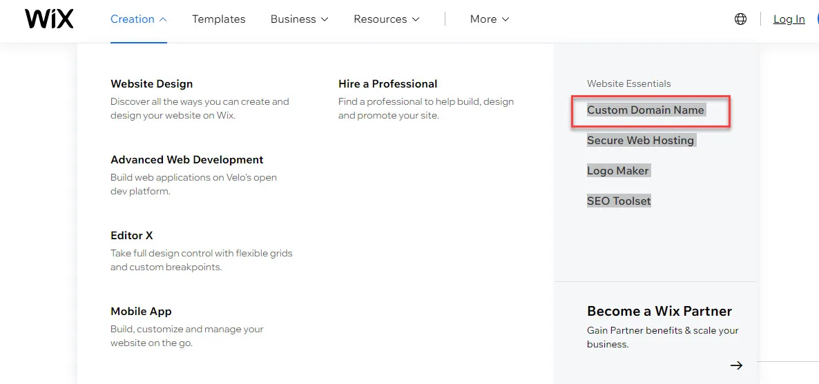 Wix Creation menu with Custom Domain Name outlined in red under Website Essentials