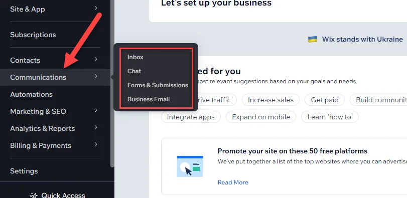 Wix dashboard with a red arrow pointing to Communications, its submenu listing Inbox, Chat, Forms and Submissions, and Business Email