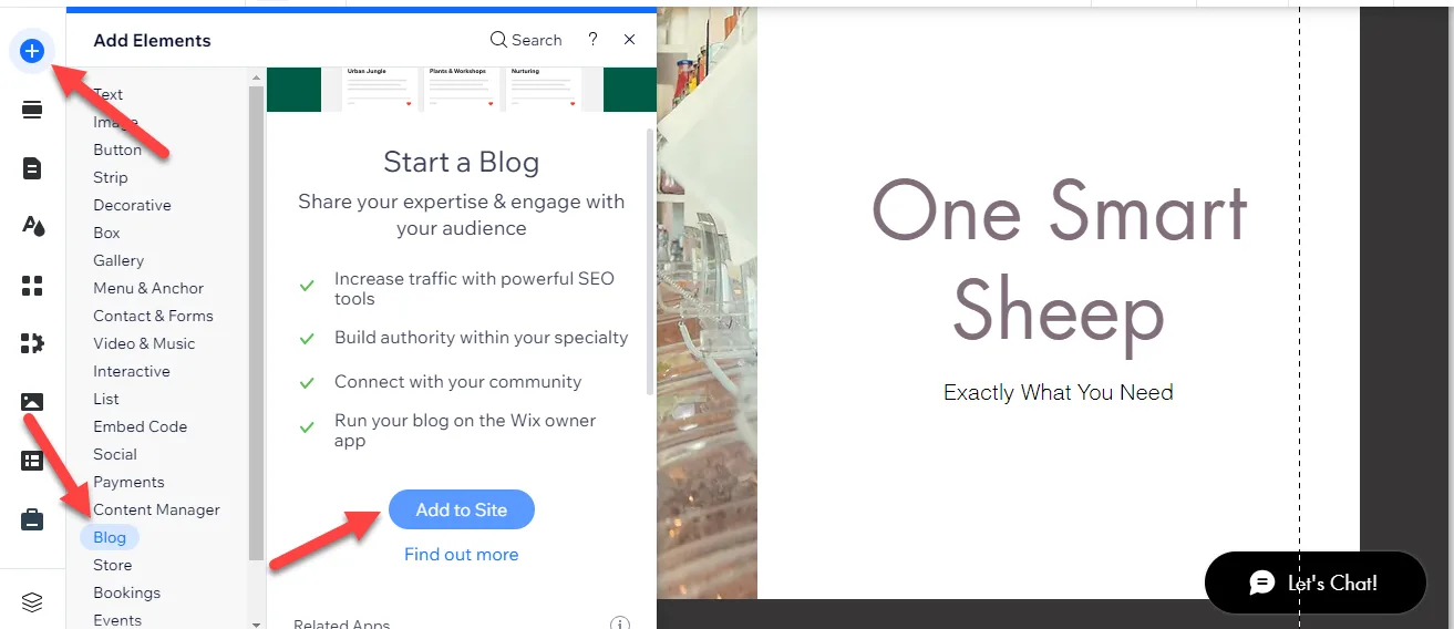 Wix Add Elements panel open on Blog with a Start a Blog description and a red arrow pointing to the Add to Site button