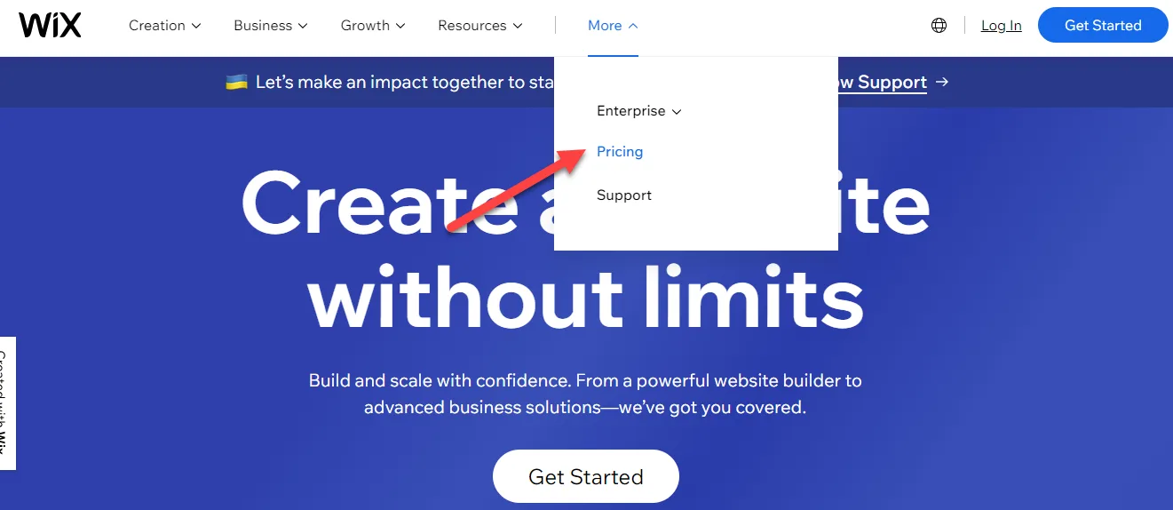 Wix homepage with the More menu open and a red arrow pointing to the Pricing entry