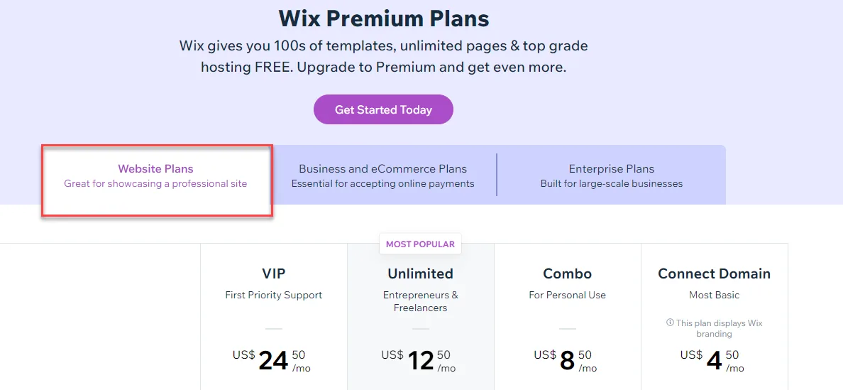 Wix Premium Plans page with the Website Plans tab outlined in red, showing VIP, Unlimited, Combo and Connect Domain pricing