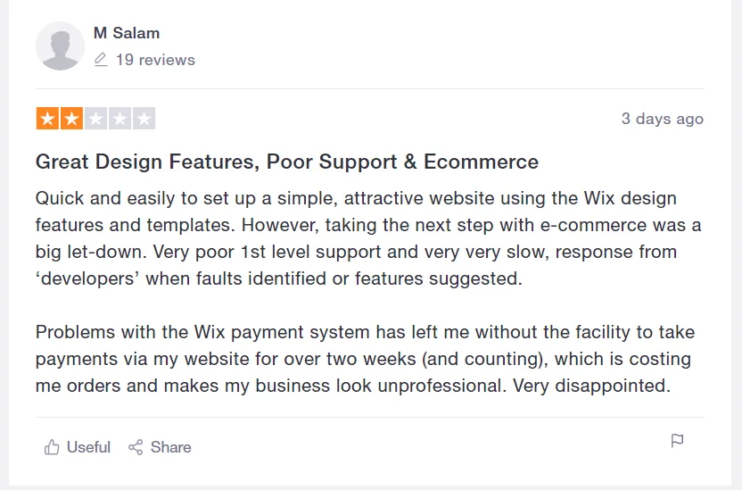 Two star Trustpilot review praising Wix design features but reporting the payment system down for over two weeks