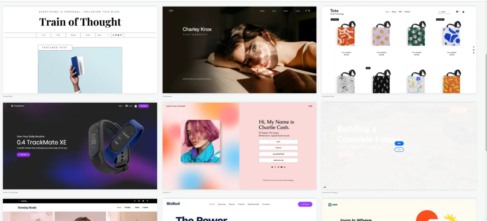 Grid of Wix template previews including a personal blog, a photography portfolio, a tote bag store, a product landing page and a creator profile