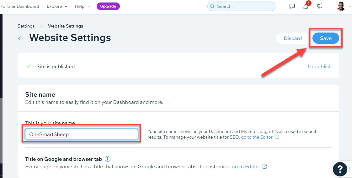 Wix Website Settings with a new site name entered and a red arrow pointing to the Save button