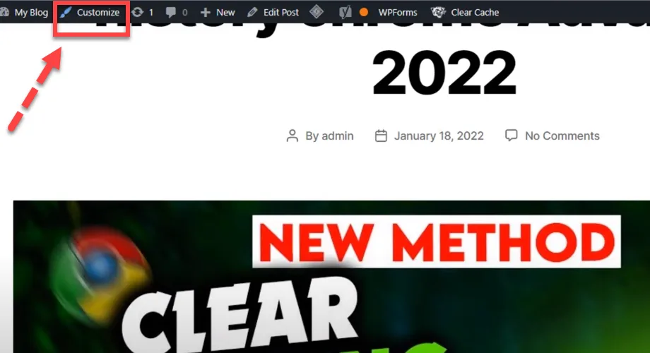 WordPress admin bar on the front end with a red arrow pointing to the Customize link
