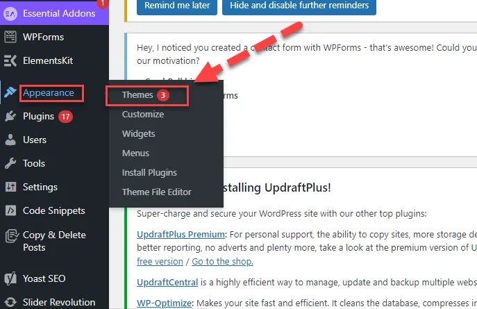 WordPress admin sidebar with Appearance outlined in red and a red arrow pointing to the Themes submenu entry