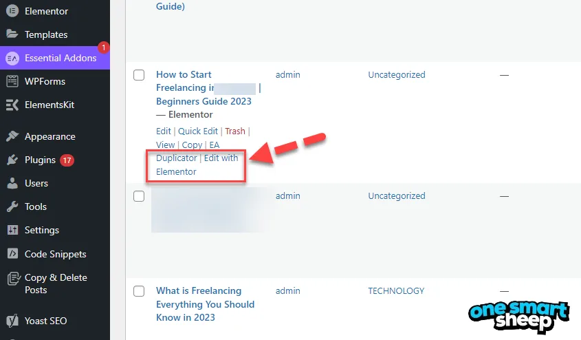 WordPress posts list with a red arrow pointing to the Edit with Elementor link under a post title